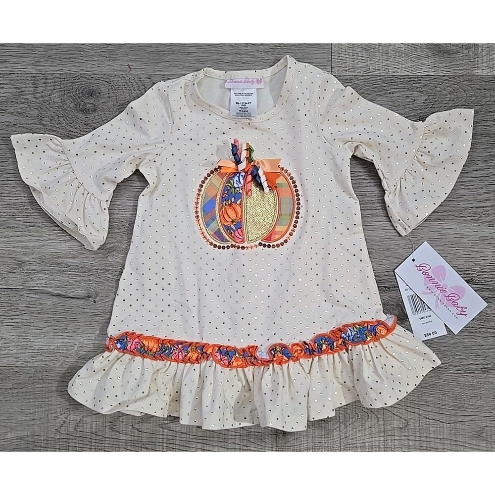 Bonnie Jean Baby Girls 24M Gold‎ Polka Dot Print Thanksgiving Pumpkin Top NWT